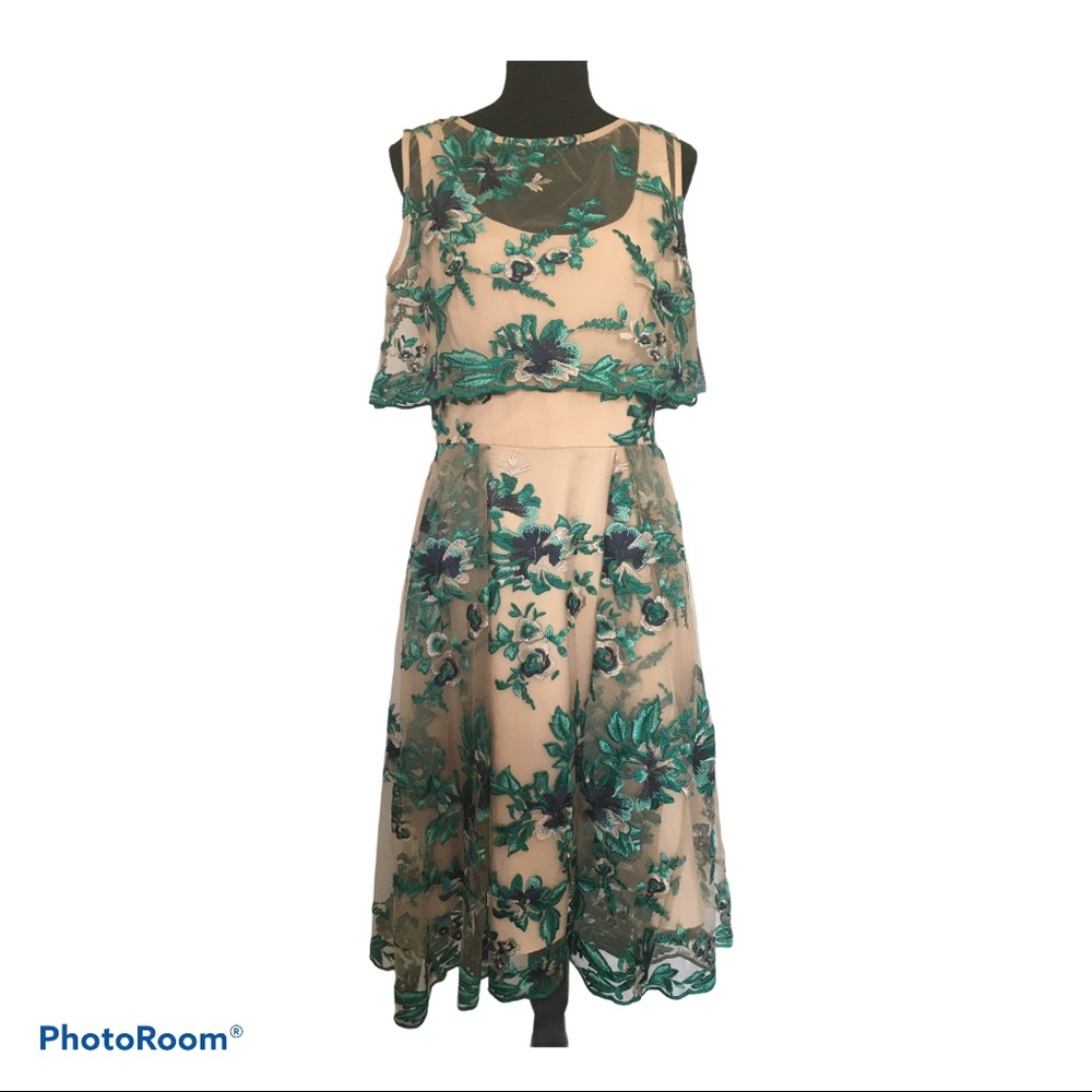 Eva Franco Cream Midi Dress with Teal Floral Embroidery Overlay